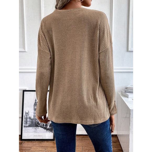 preppy Half Button Drop Shoulder ribbed Knit long sleeve Tee - Picture 2 of 11